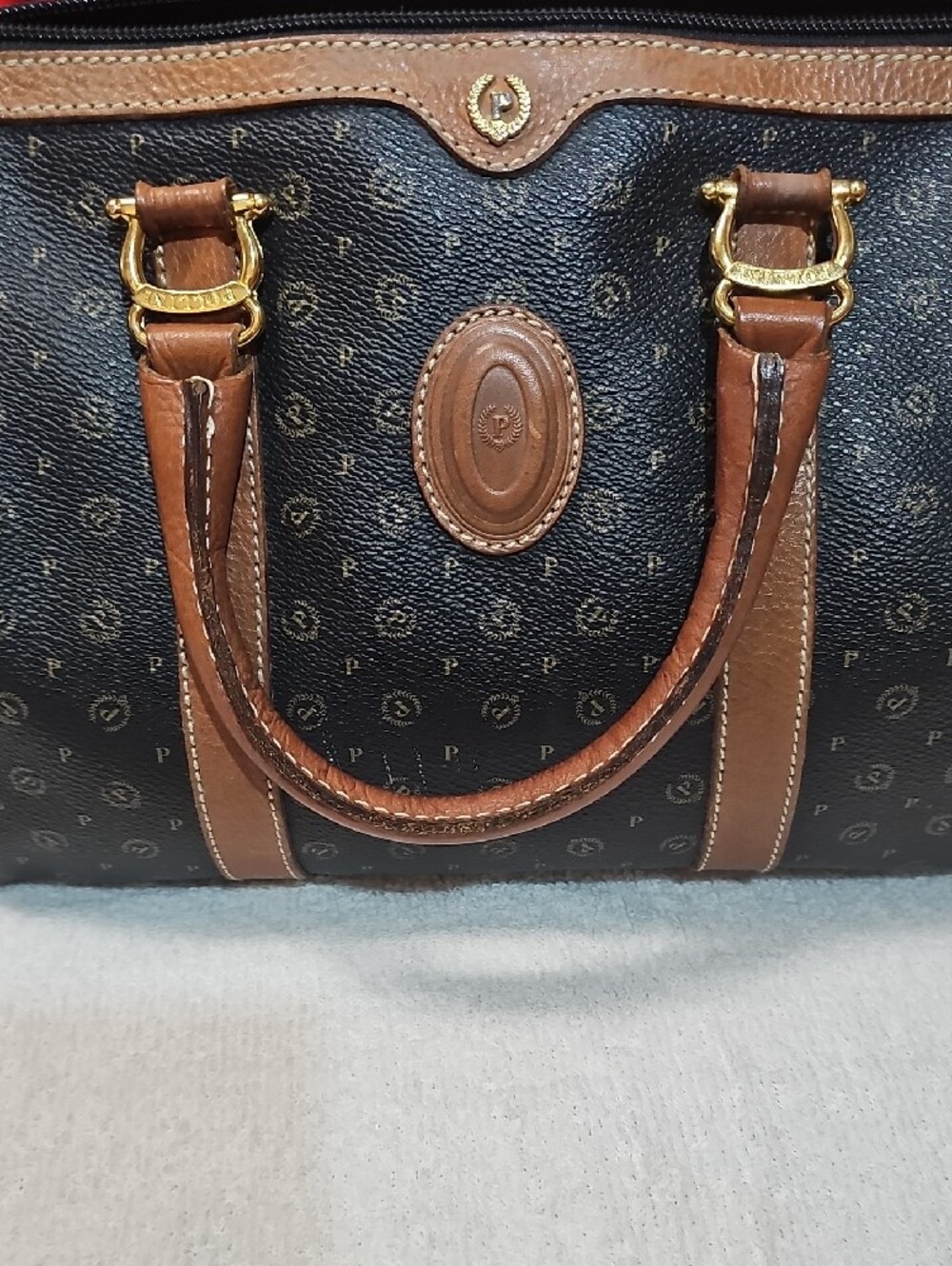Vintage Pollini Black Monogram Satchel with Brown Trim - Picture 2 of 10
